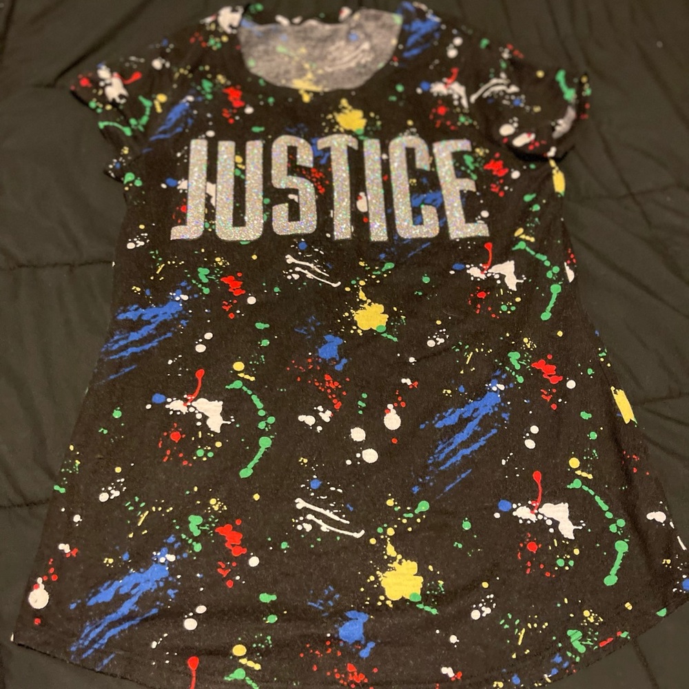 Justice glitter paint splattered t shirt